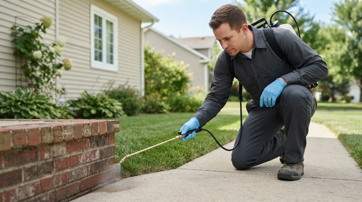 Pest control technician treating a home near New Fairfield, CT
